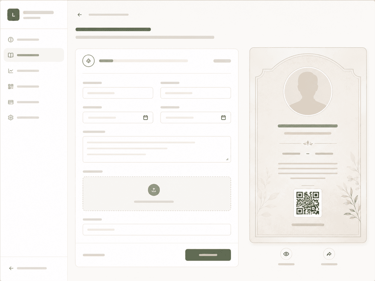 Interface de création d'un mémorial professionnel
